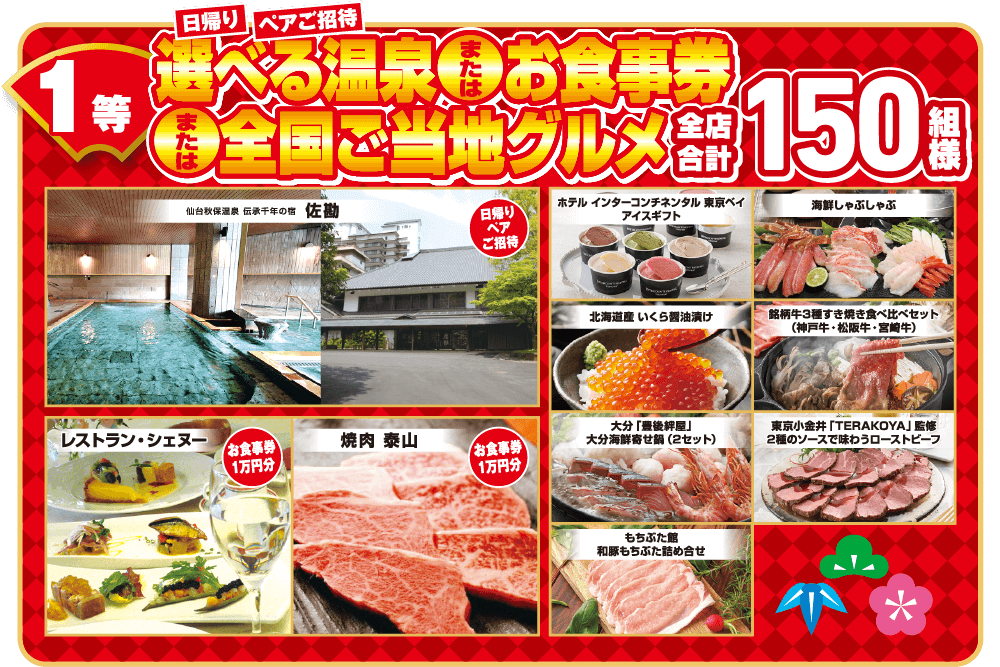 1等 ペアご招待1泊2日 選べる温泉または人気家電製品 お好きな1点 全店合計100組様